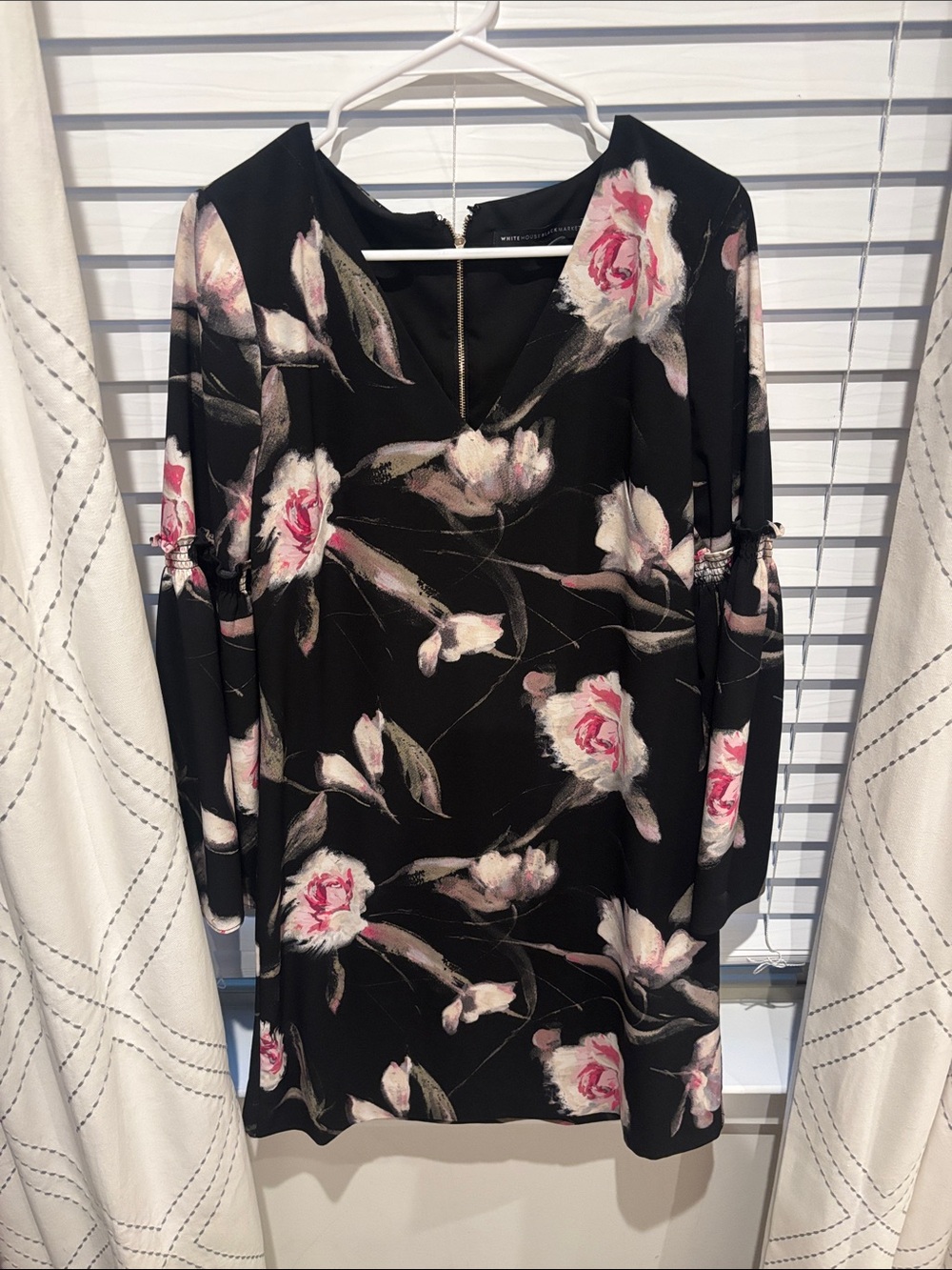 White House Black Market Black Floral Long Sleeve Shift Dress with Pink Accents